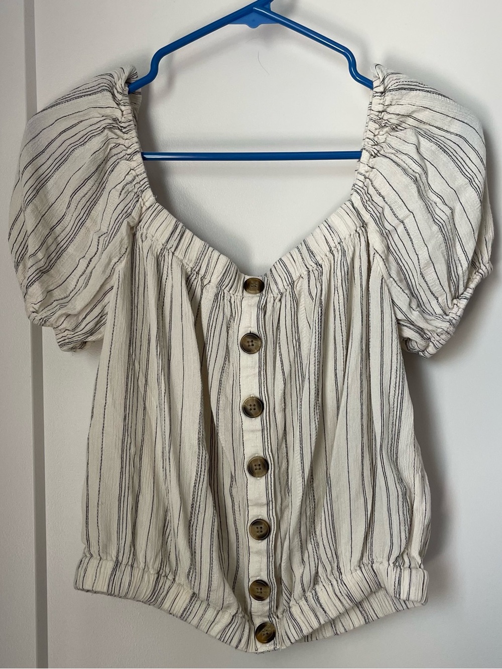 American Eagle Outfitters Cream and Black Striped Off-Shoulder Button Top